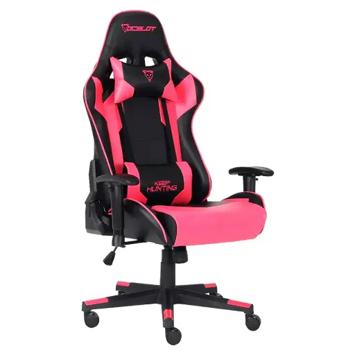 SILLA OCELOT GAMING OGS-03 / VINIPIEL / BASE NYLON AJUSTABLE / DESCANSABRAZOS 2D / PISTON CLASE 4 / RECLINABLE 90-155 GRADOS / HASTA 150KG / COJINES LUMBAR Y CERVICAL / COLOR NEGRO CON MAGENTA